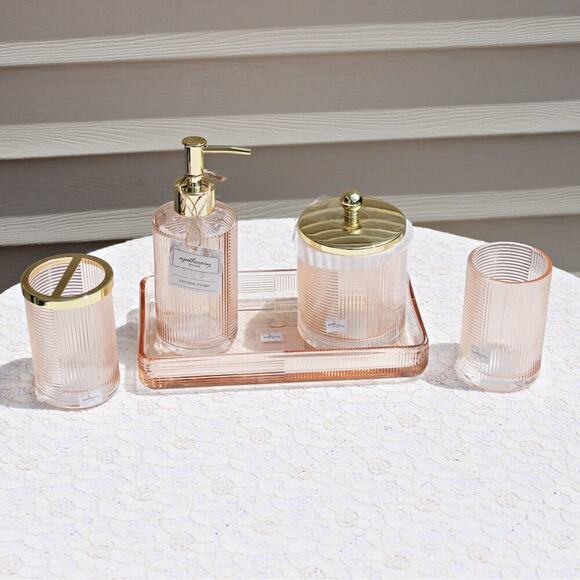 Apothecary Home Bathroom 5 Pc Colored Glass Accessory Collection Peachy Gold - Picture 1 of 16